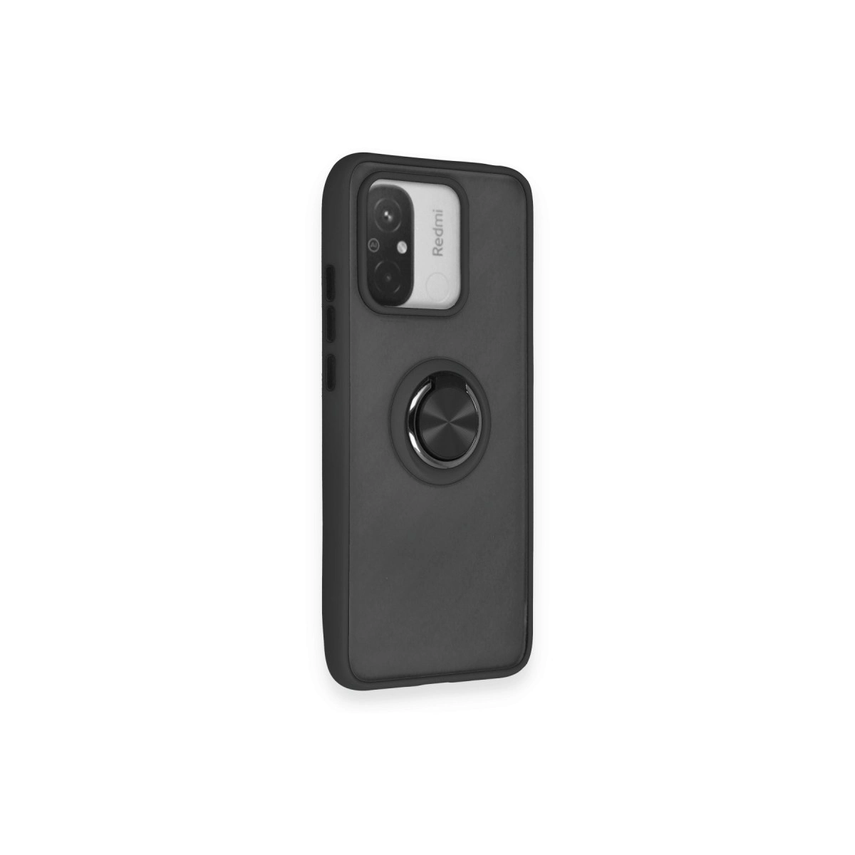 Halka tutuculu ve kamera kesimli siyah telefon kılıfı.