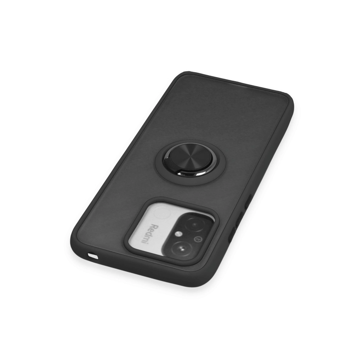 Halka tutuculu ve Redmi kamera modüllü siyah telefon kılıfı.