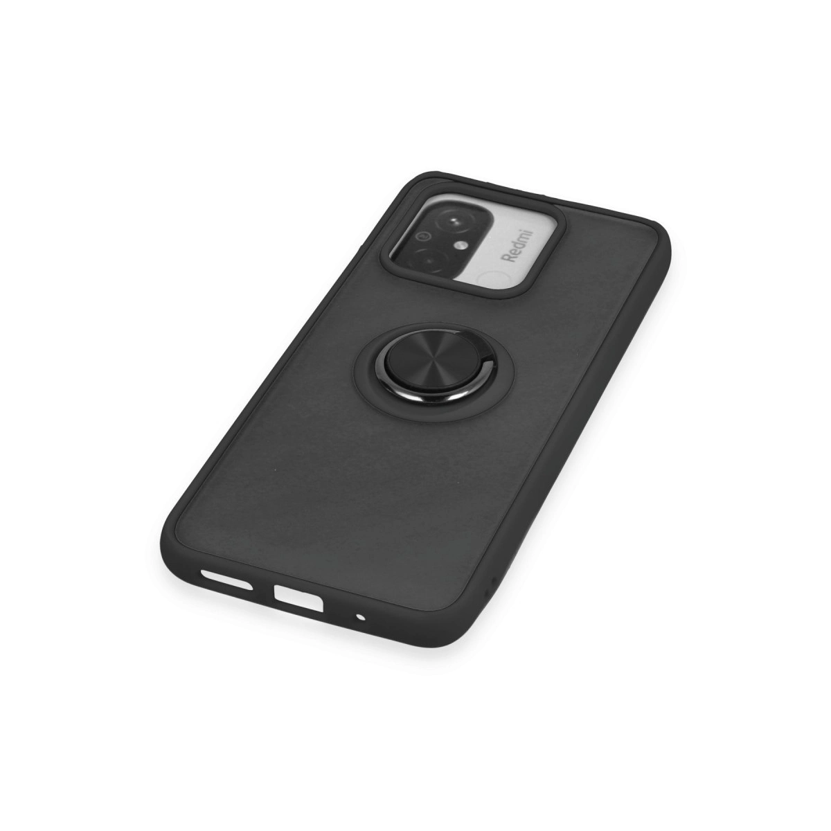 Beyaz arka plan üzerinde halka tutuculu ve "Redmi" logolu siyah telefon kılıfı.