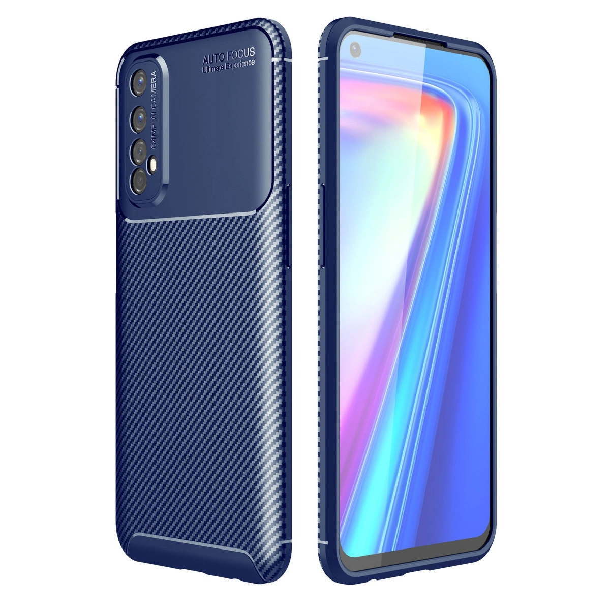 Karbon fiber dokulu, kamera çıkıntılı lacivert telefon kılıfı.