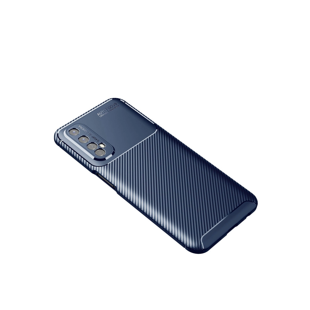 Karbon fiber desenli, kamera kesimli lacivert telefon kılıfı.