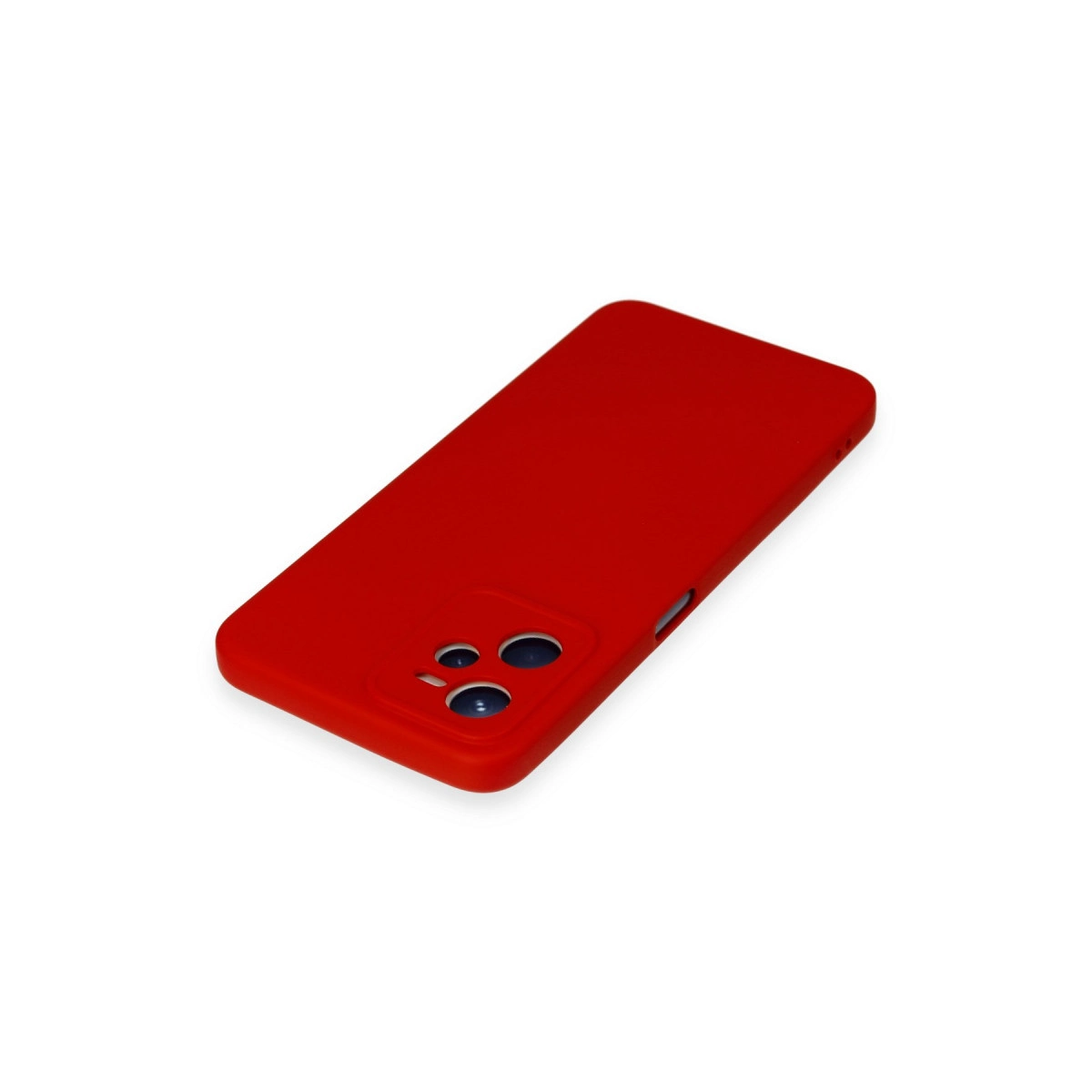 Kamera kesimli kırmızı telefon kılıfı, beyaz arka planda.