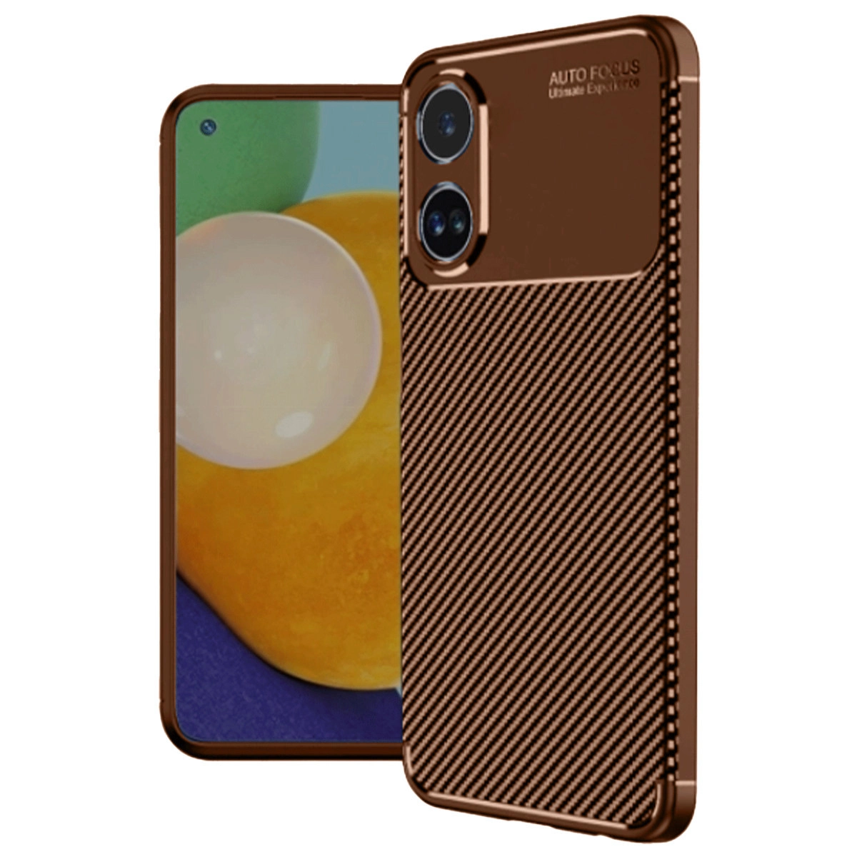 Karbon fiber dokulu, çift kameralı kahverengi telefon kılıfı.