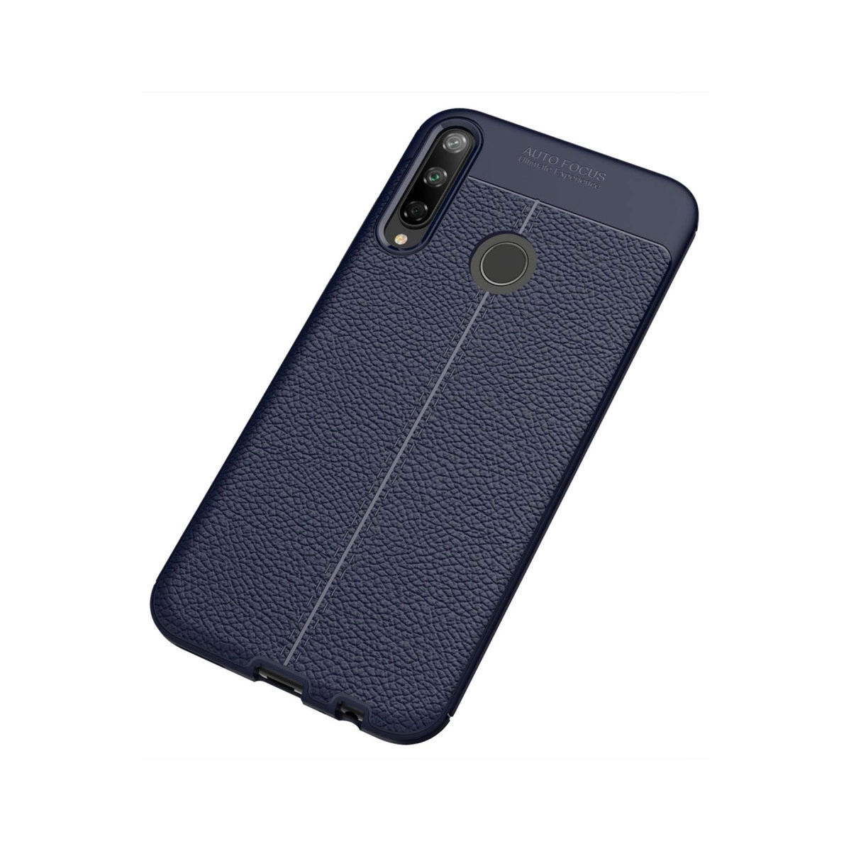 Koyu mavi dokulu telefon kılıfı, kamera ve parmak izi sensörlü.