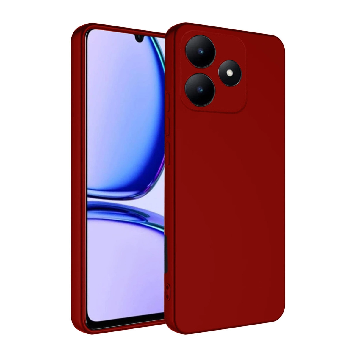 Üç kameralı ve aydınlatmalı ekranlı koyu kırmızı akıllı telefon.