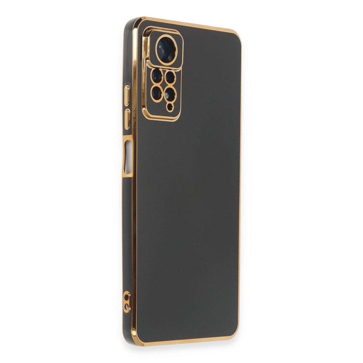 Altın süslemeli ve kamera kesimli siyah telefon kılıfı.