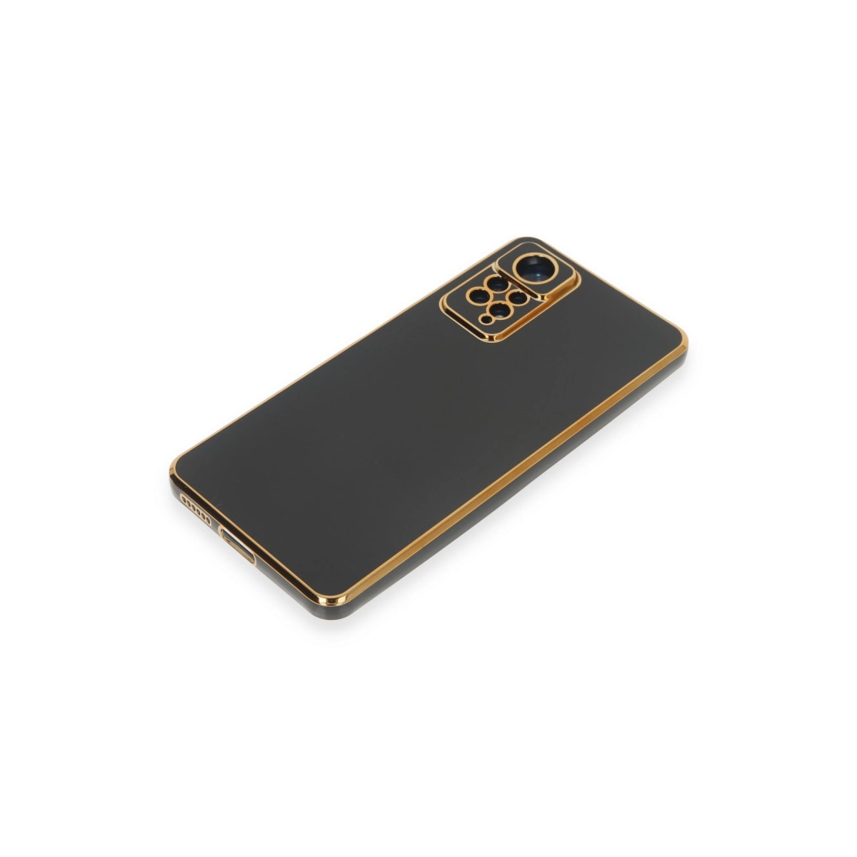 Altın kenarlı ve kamera modüllü siyah telefon kılıfı.