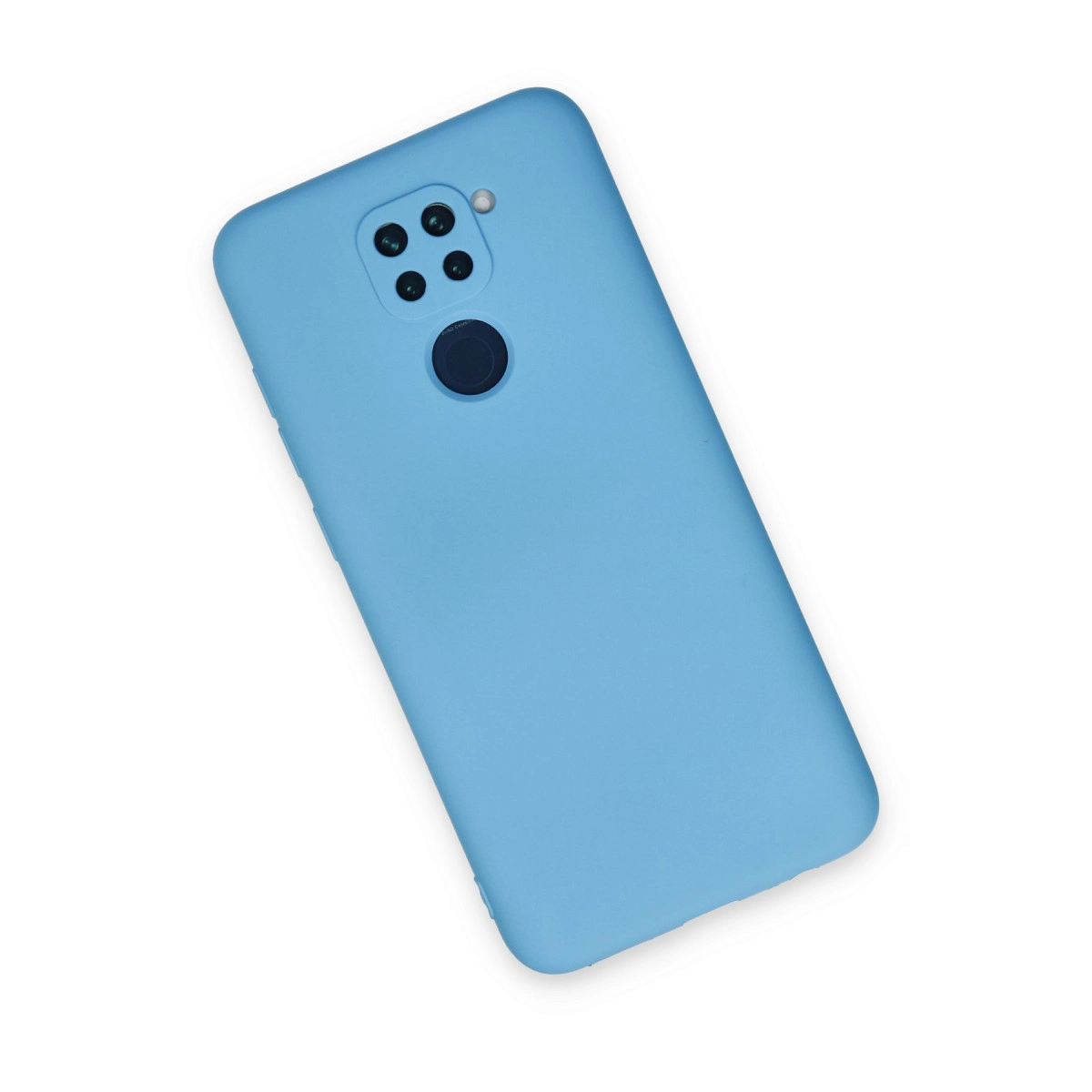 Dört kameralı ve parmak izi sensörlü açık mavi telefon.