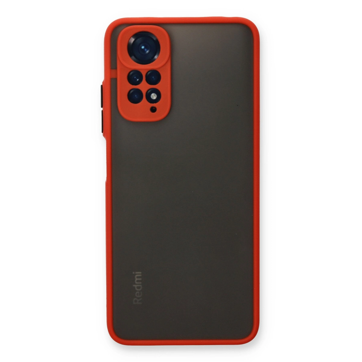 Kırmızı kenarlı ve kamera modüllü siyah telefon kılıfı.