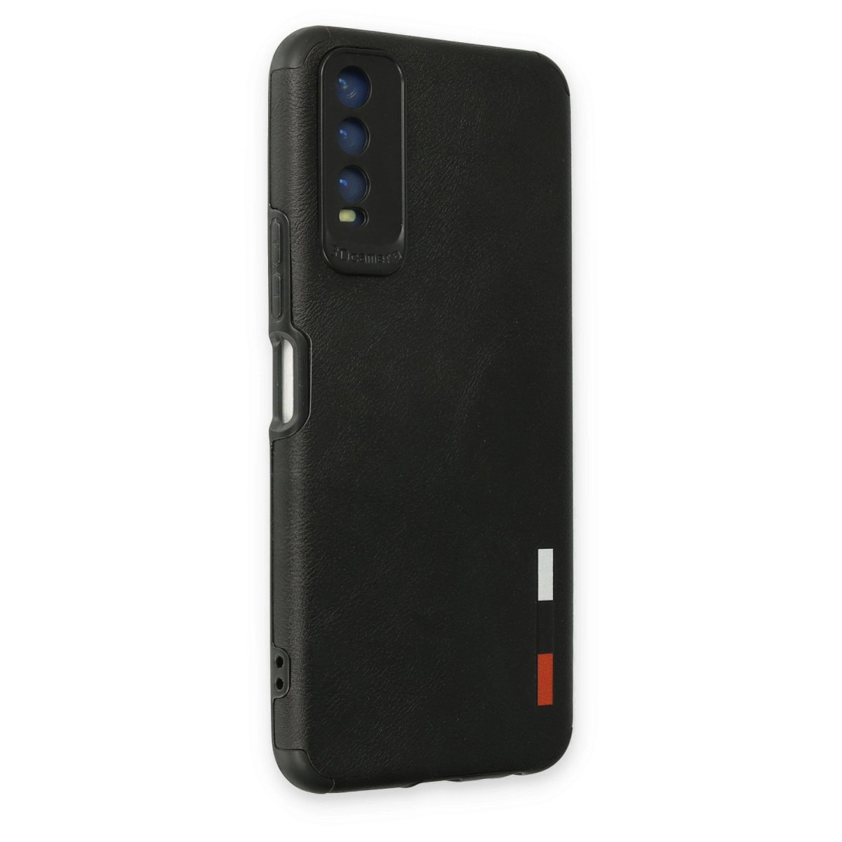 Üç kameralı, üç dikey çizgili siyah telefon kılıfı.