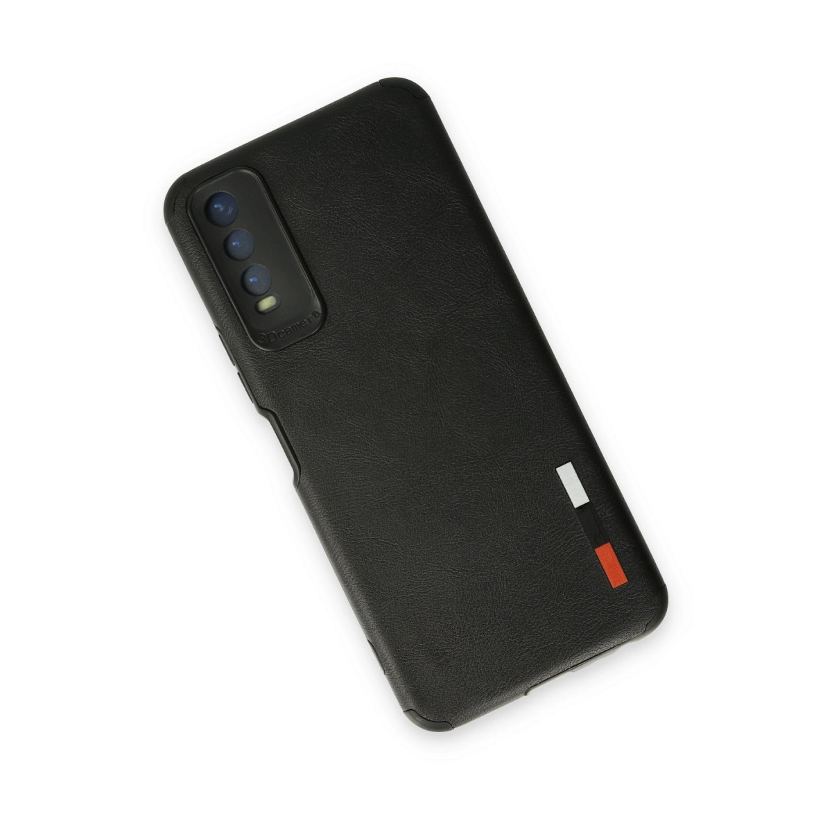 Üç kameralı siyah telefon kılıfı, beyaz, siyah ve kırmızı şeritli.