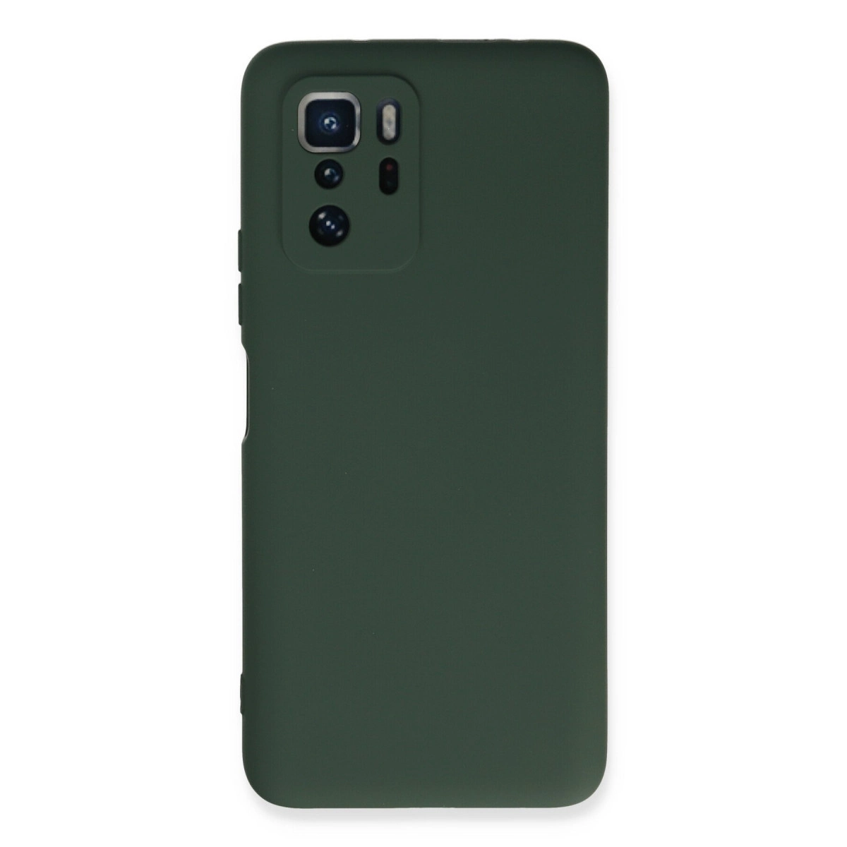 Sol üstte dikdörtgen kamera modülüne sahip koyu yeşil telefon kılıfı.