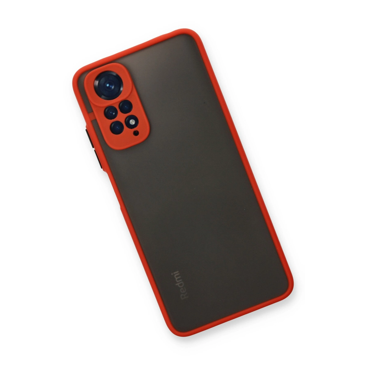 Kırmızı kenarlı ve kamera modüllü gri telefon kılıfı.