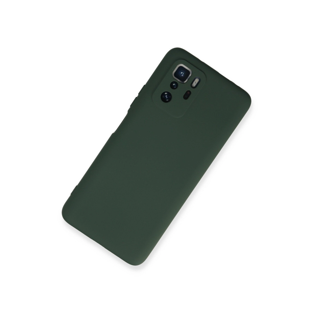 Kare kamera modüllü koyu yeşil telefon kılıfı beyaz arka plan üzerinde.