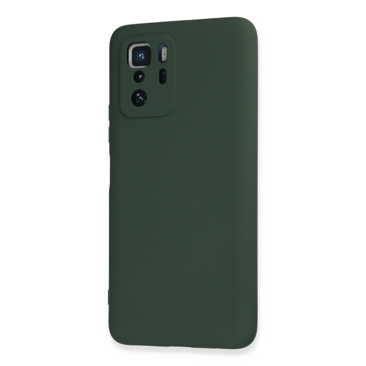Koyu yeşil telefon kılıfı, beyaz arka plan üzerinde kamera kesimi.