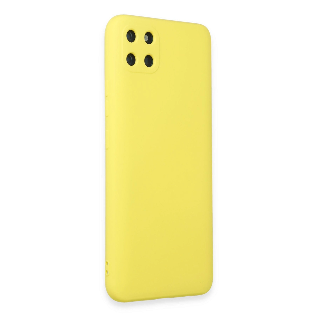Arkada dört kamera lensi bulunan sarı bir akıllı telefon kılıfı.
