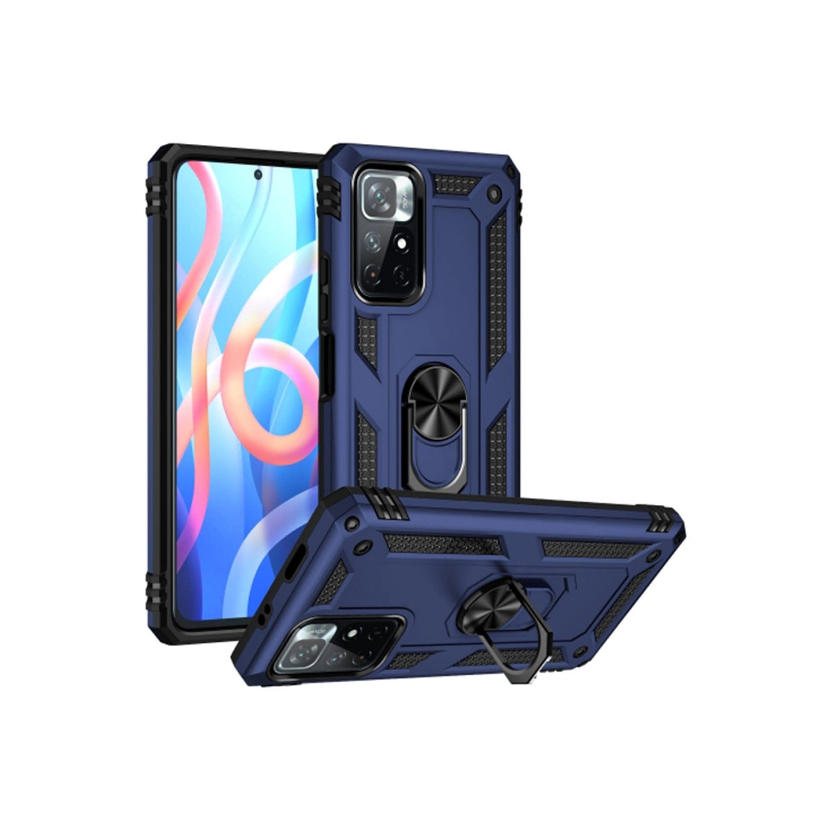 Beyaz arka plan üzerinde halka tutuculu üç koyu mavi telefon kılıfı.