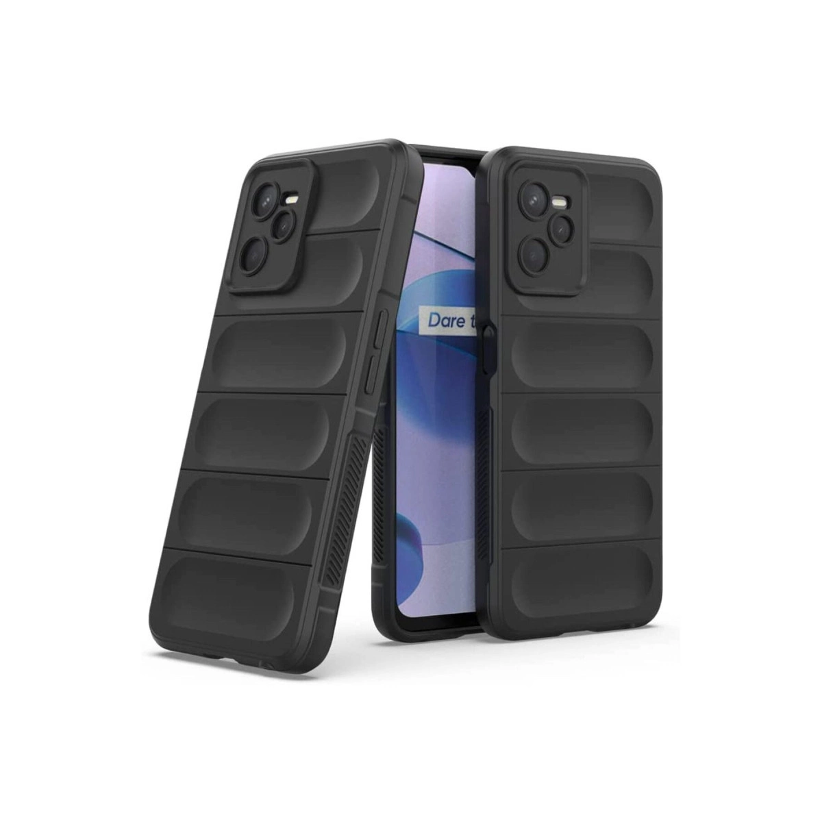 Yatay oluklu ve kamera kesimli iki siyah telefon kılıfı.