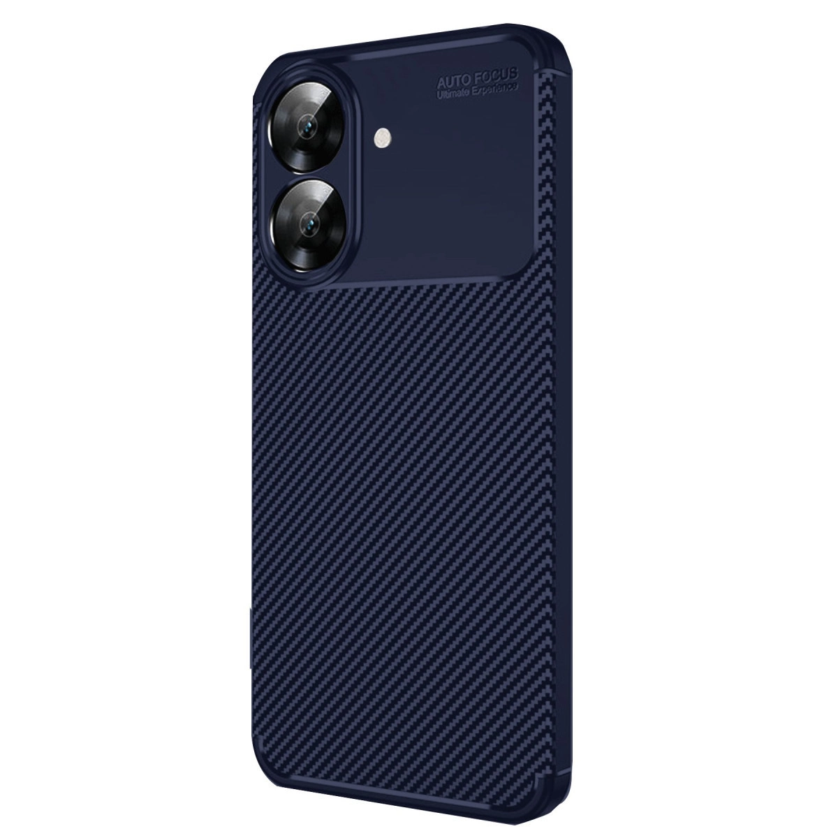 Karbon desenli arka yüzeye ve çift kameraya sahip lacivert telefon.
