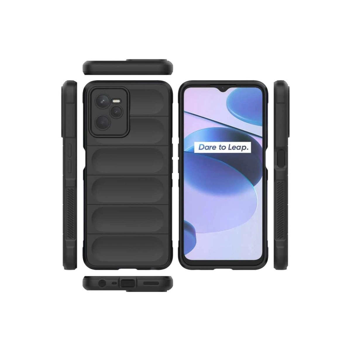 Kanallı dokulu siyah telefon kılıfı, ön, arka ve yan görünümler.