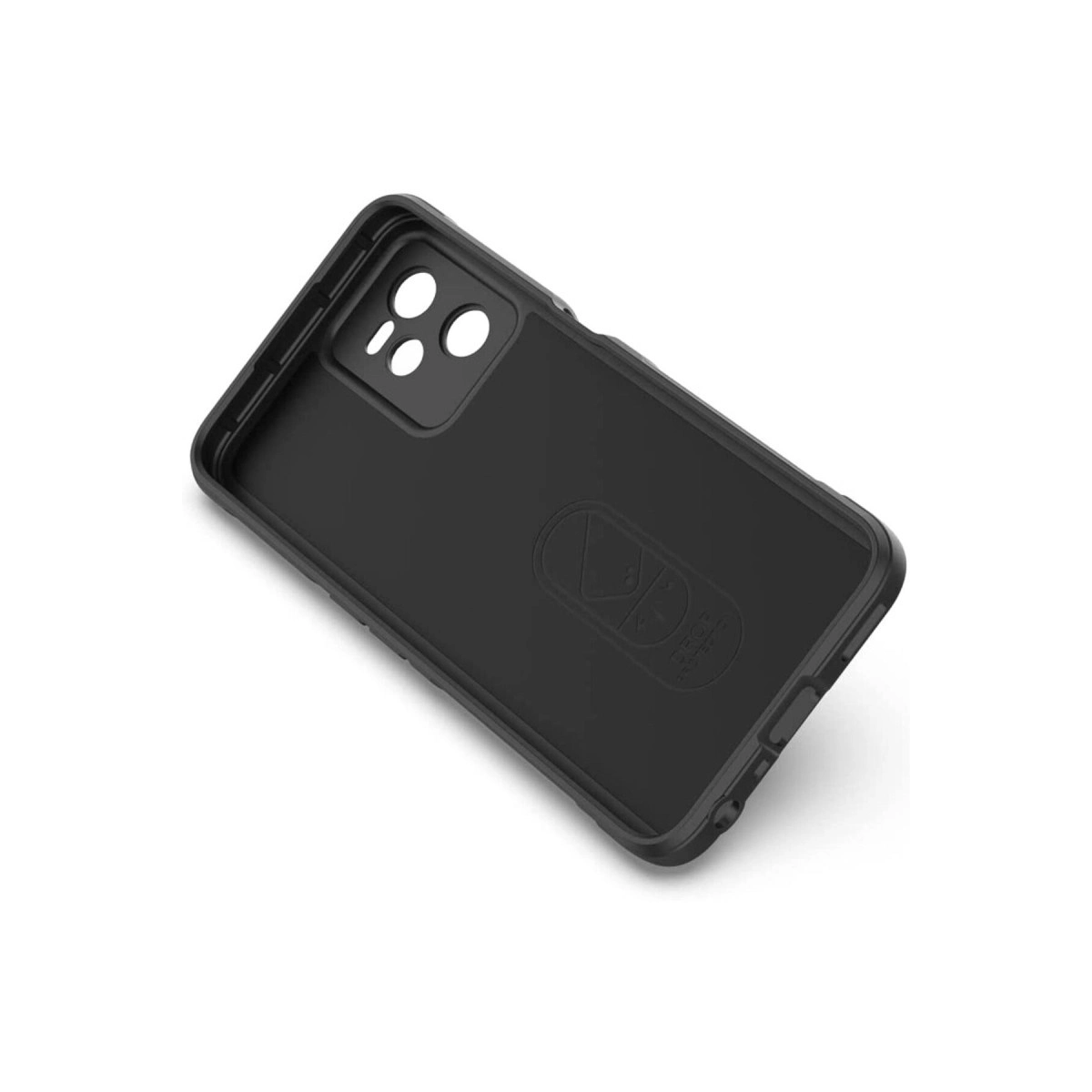 Kamera oyuntulu, logolu siyah telefon kılıfı. Beyaz arka plan.