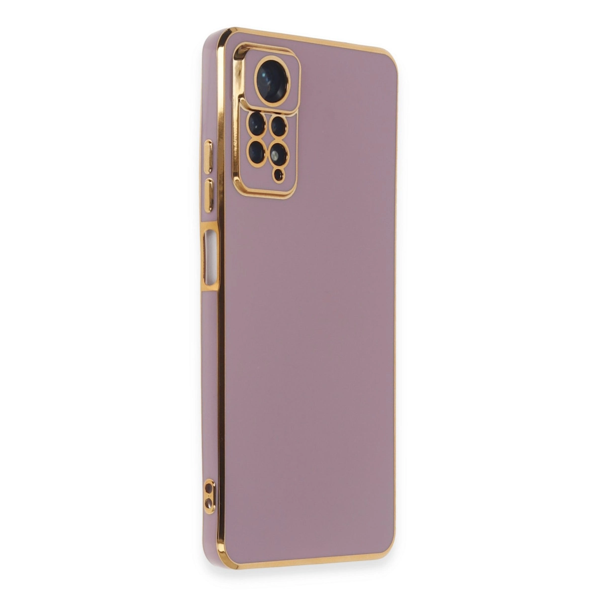Altın kenarlı ve kamera kesimli mor telefon kılıfı.