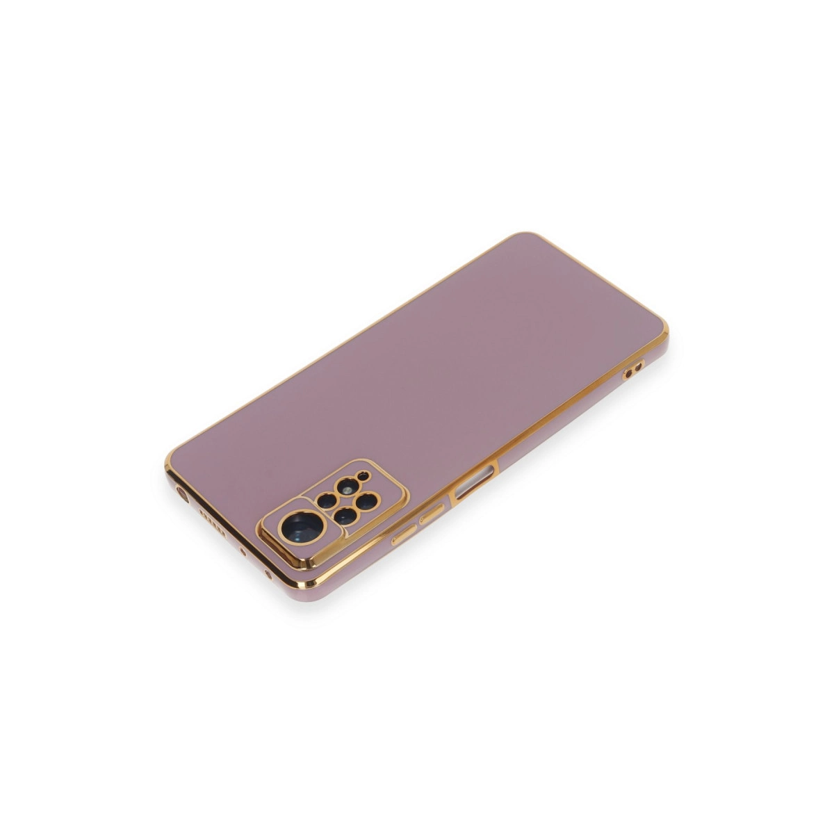 Altın çerçeveli ve kamera lensi oyuntulu leylak rengi telefon kılıfı.