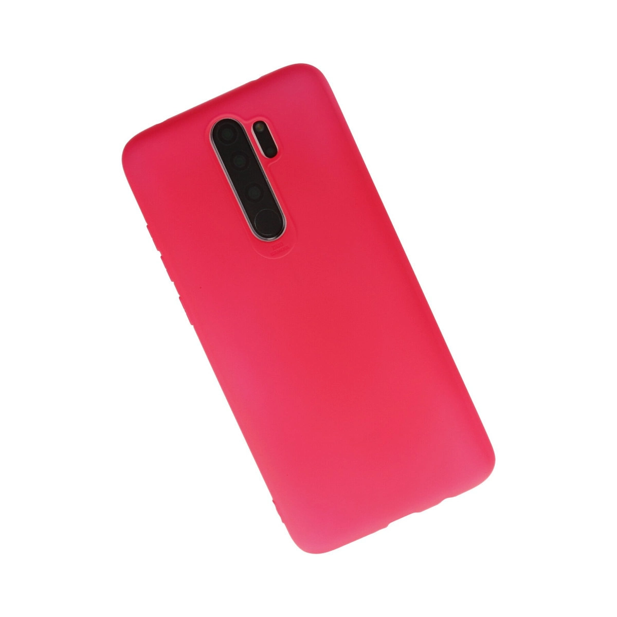 Kamera kesimli parlak pembe telefon kılıfı beyaz arka plan üzerinde gösteriliyor.