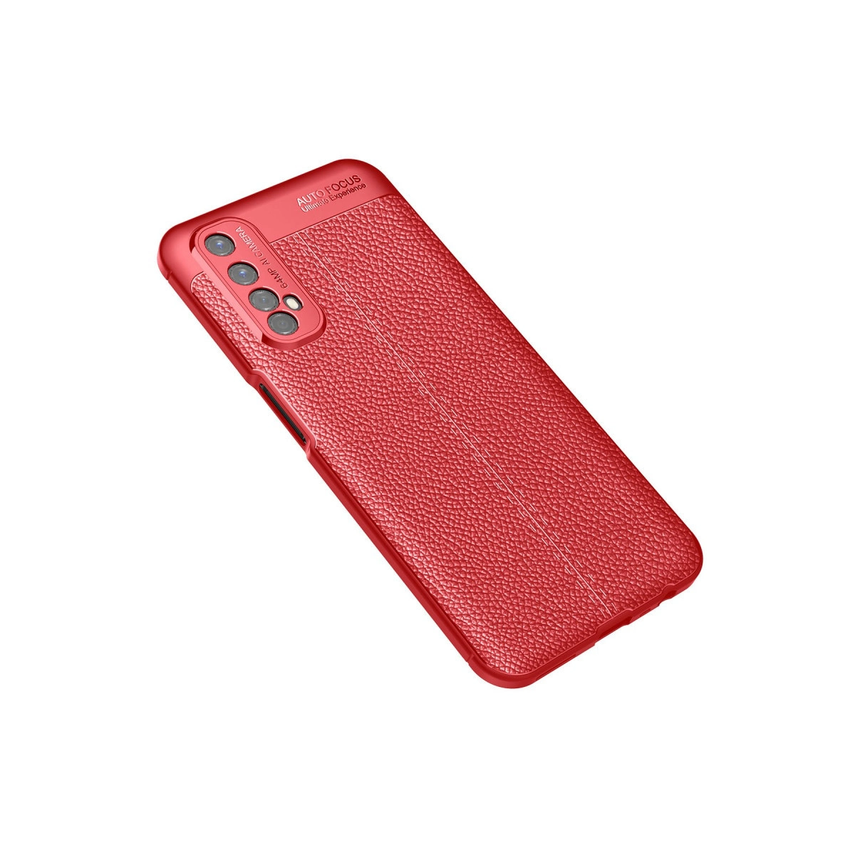 Kırmızı deri dokulu telefon kılıfı kamera kesiğiyle, beyaz arka plan üzerinde.