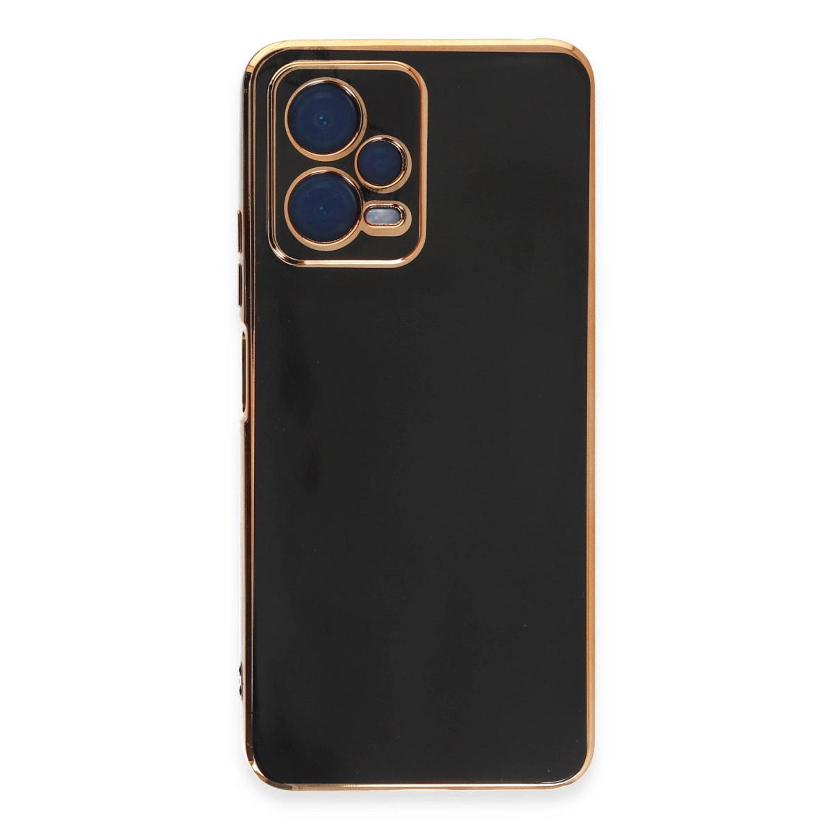 Altın çerçeveli ve kamera kesimli siyah telefon kılıfı.