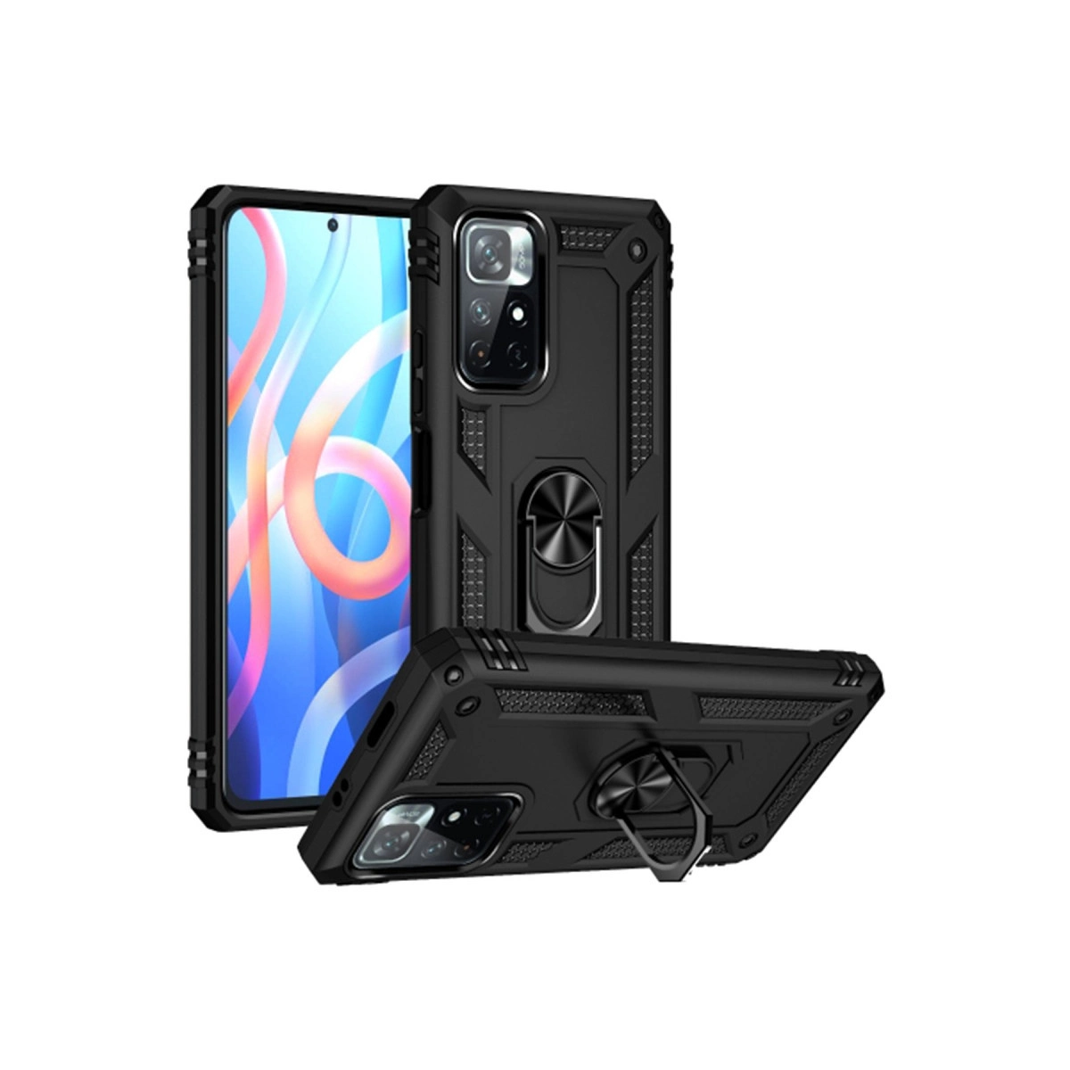 Halka tutuculu siyah telefon kılıfı, ekranı ve arkasını gösteriyor.