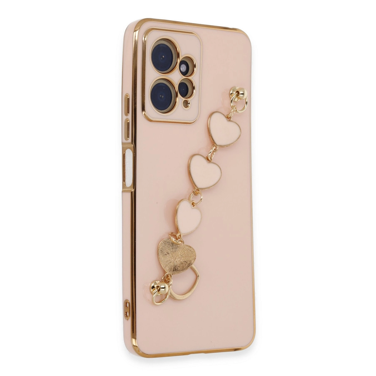 Altın kenarlı pembe telefon kılıfı ve kalp şeklinde charm bileklik.
