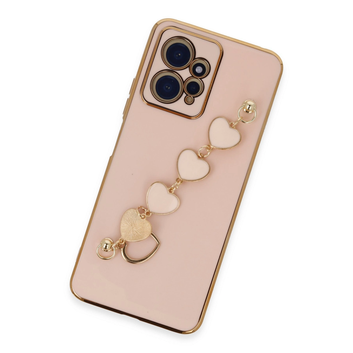 Altın kenarlı pembe bir akıllı telefon ve kamera modülü. Kalp şeklinde bir zincir takılı.