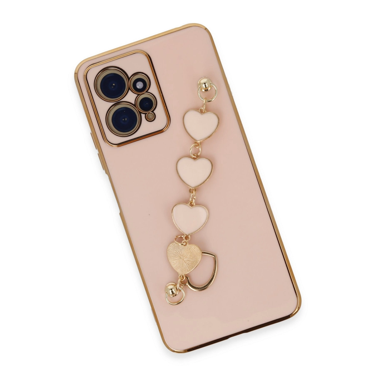Altın kenarlı pembe telefon ve kalp şeklinde takı.