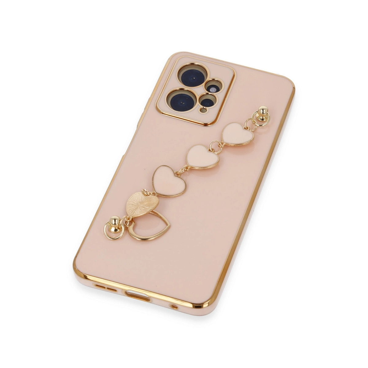 Altın çerçeveli ve kalp charm bileklikli, gül rengi altın telefon.