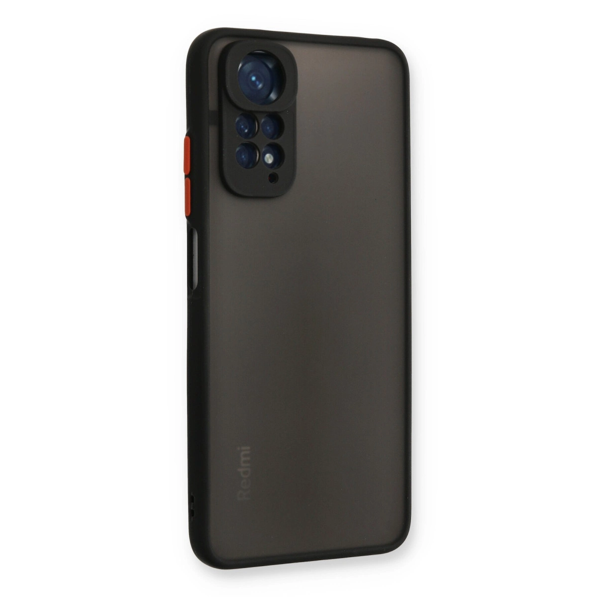 Kamera adası ve kırmızı düğmeleri olan koyu gri telefon kılıfı.