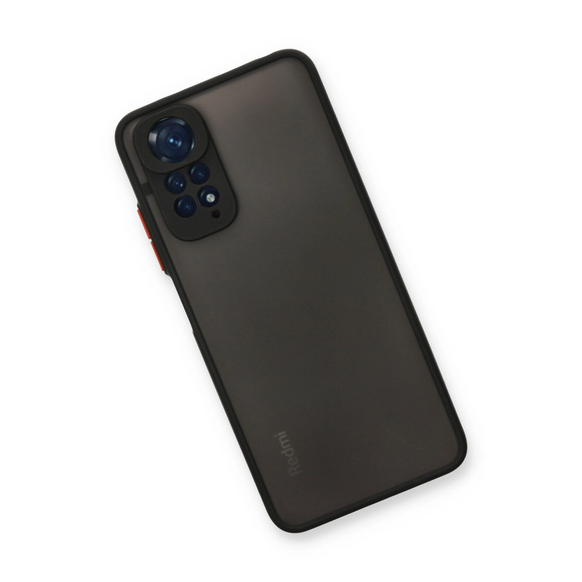 Siyah kamera modülü ve kırmızı düğmeli koyu gri akıllı telefon.