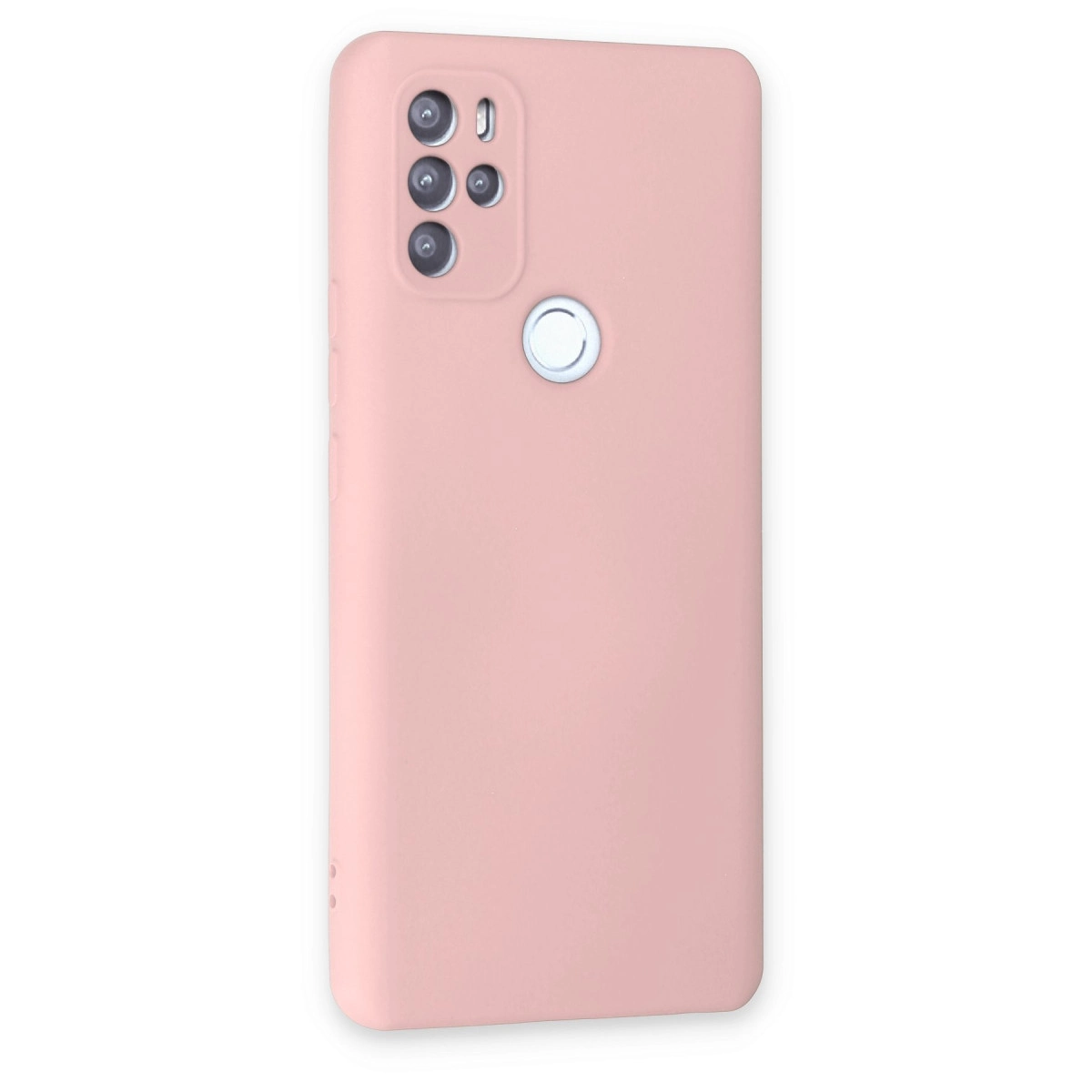 Kamera kesimi ve parmak izi sensörlü pembe telefon kılıfı.