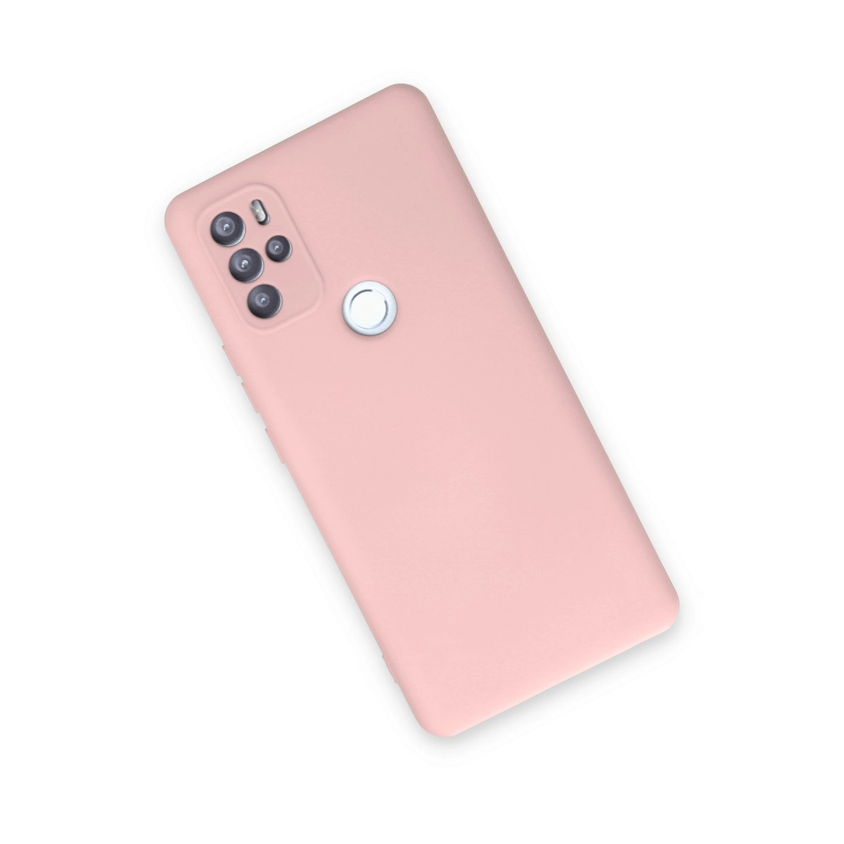 Kamera dizilimi ve parmak izi sensörlü pembe telefon kılıfı.