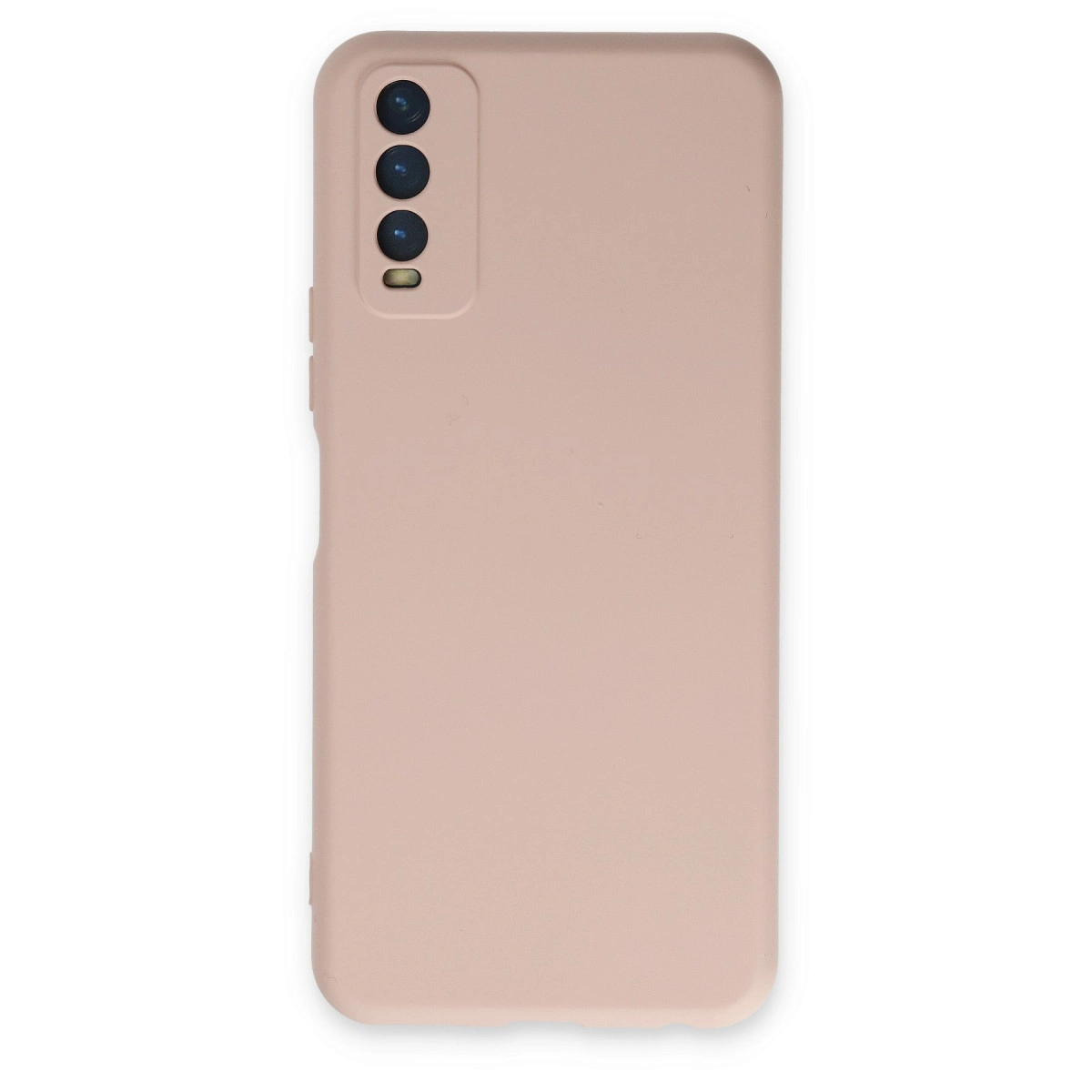 Üç kamera lensi ve flaşlı, tozlu gül rengi telefon kılıfı.