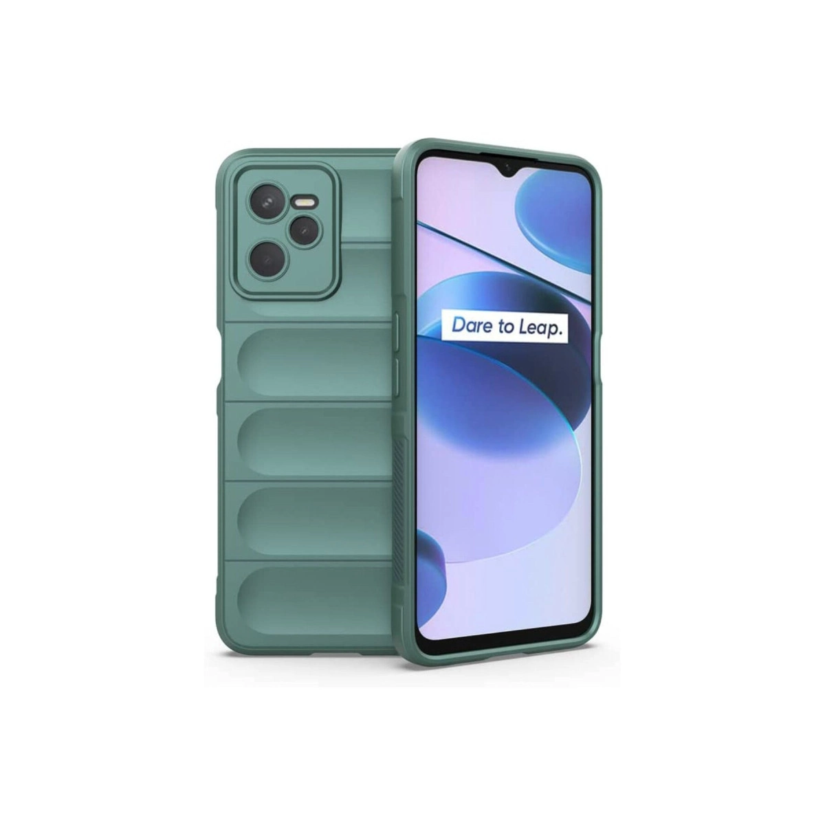Kamera ve 'Dare to Leap' yazılı ekranı gösteren yeşil telefon kılıfı ve telefon.