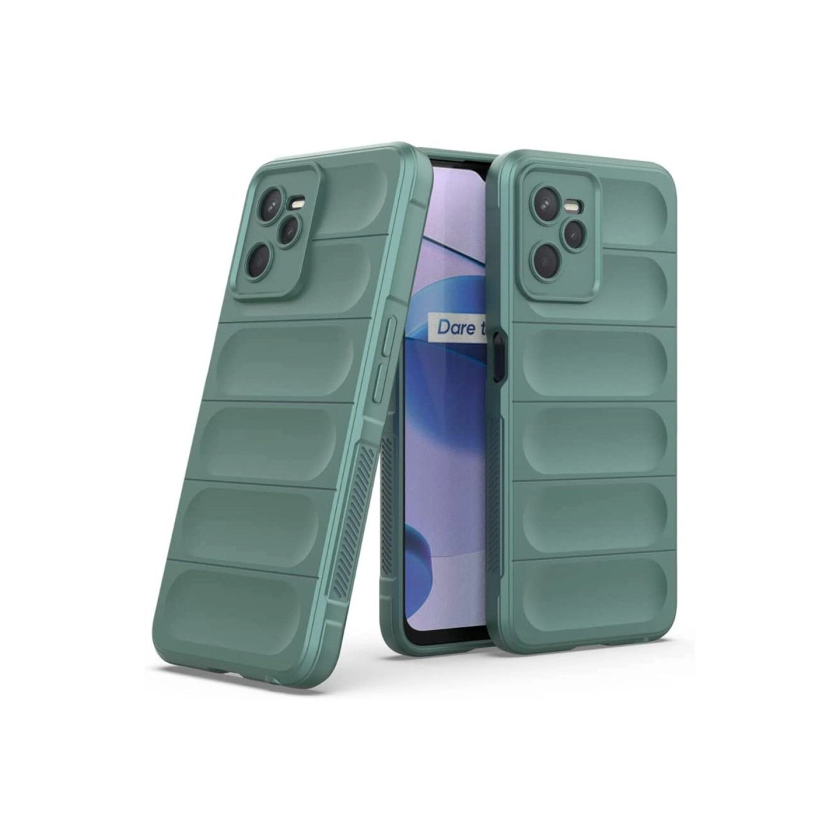 Yatay çıkıntılı iki yeşil telefon kılıfı yan yana duruyor.