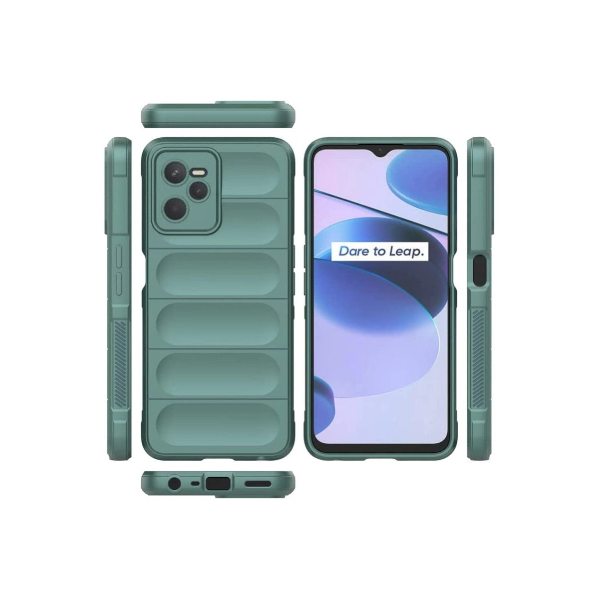 Teal rengi telefon kılıfı, içinde bir telefonla birden fazla açıdan gösteriliyor.