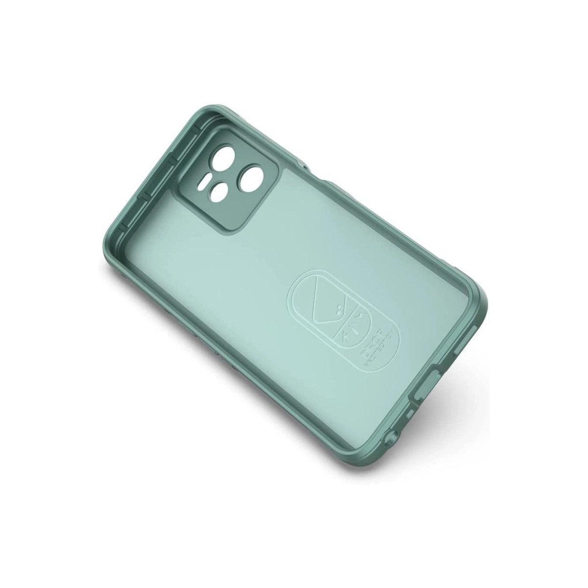 Kamera ve bağlantı noktaları için kesikleri olan yeşil telefon kılıfı.