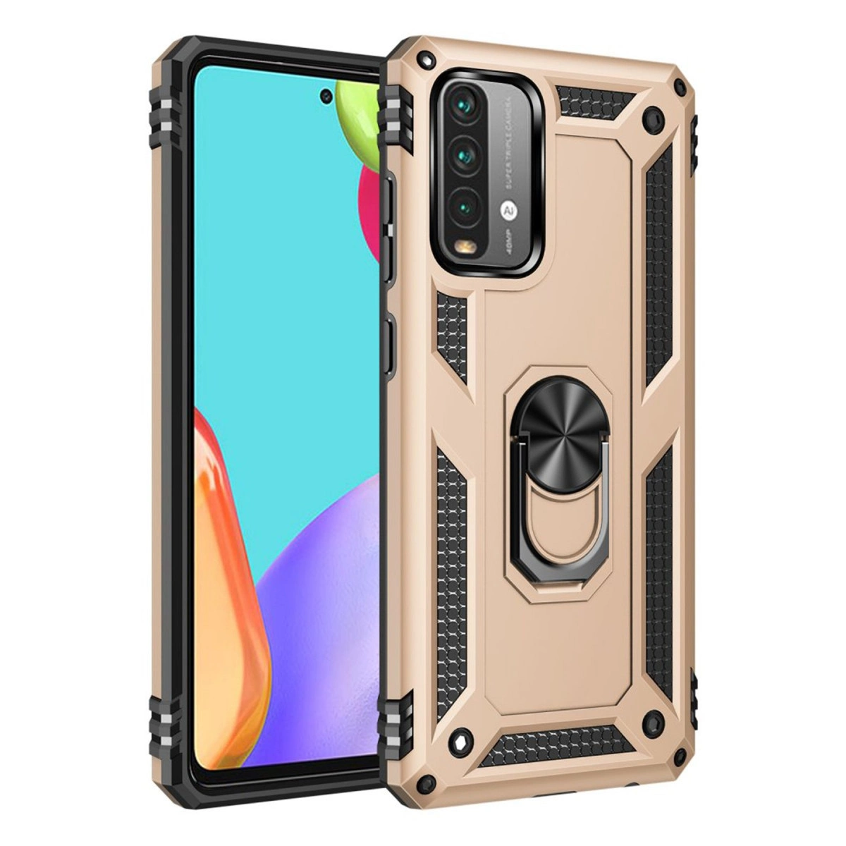 Halka tutuculu ve üçlü kamera kesimli altın rengi koruyucu telefon kılıfı.