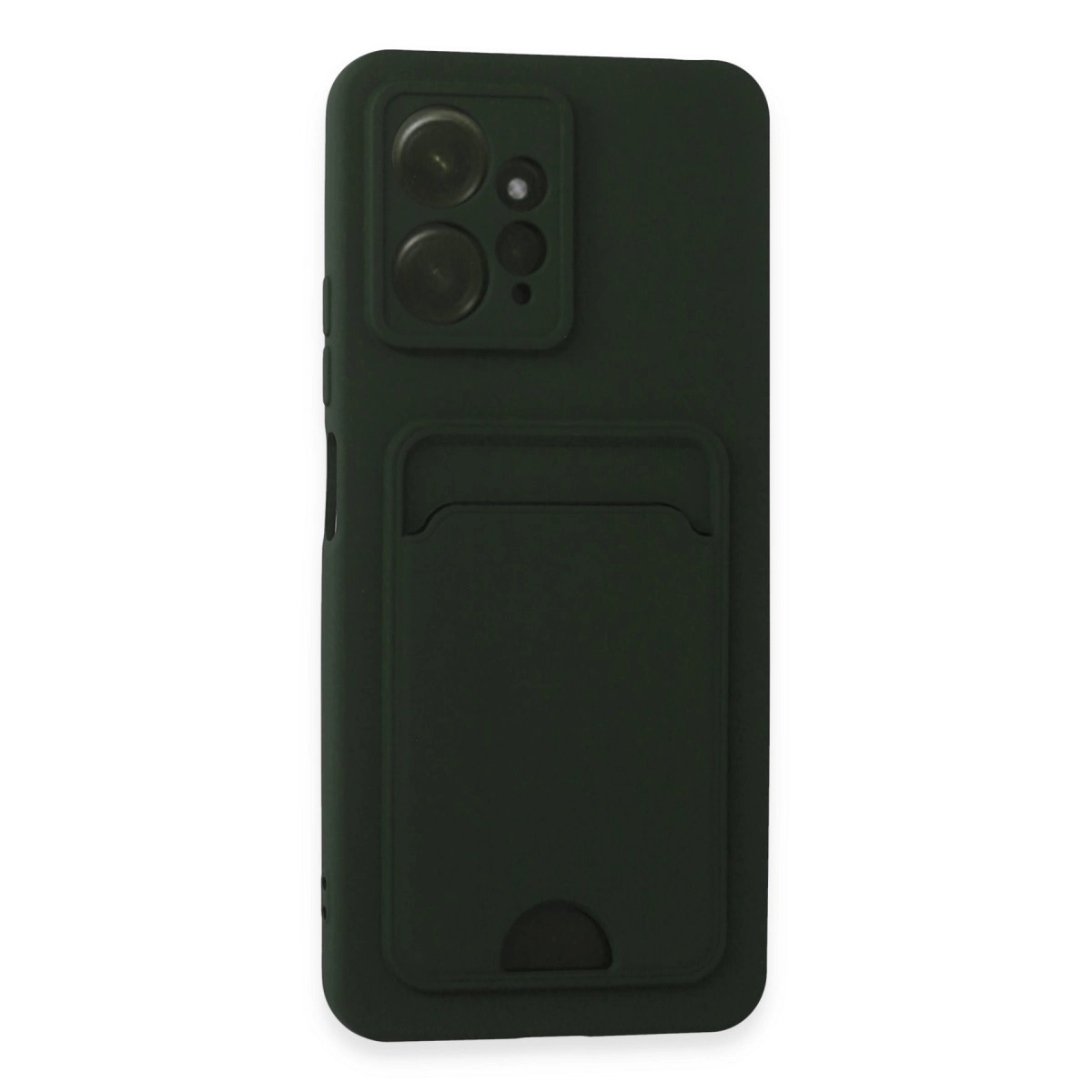 Kart yuvalı ve iki kamera lensli koyu yeşil telefon kılıfı.