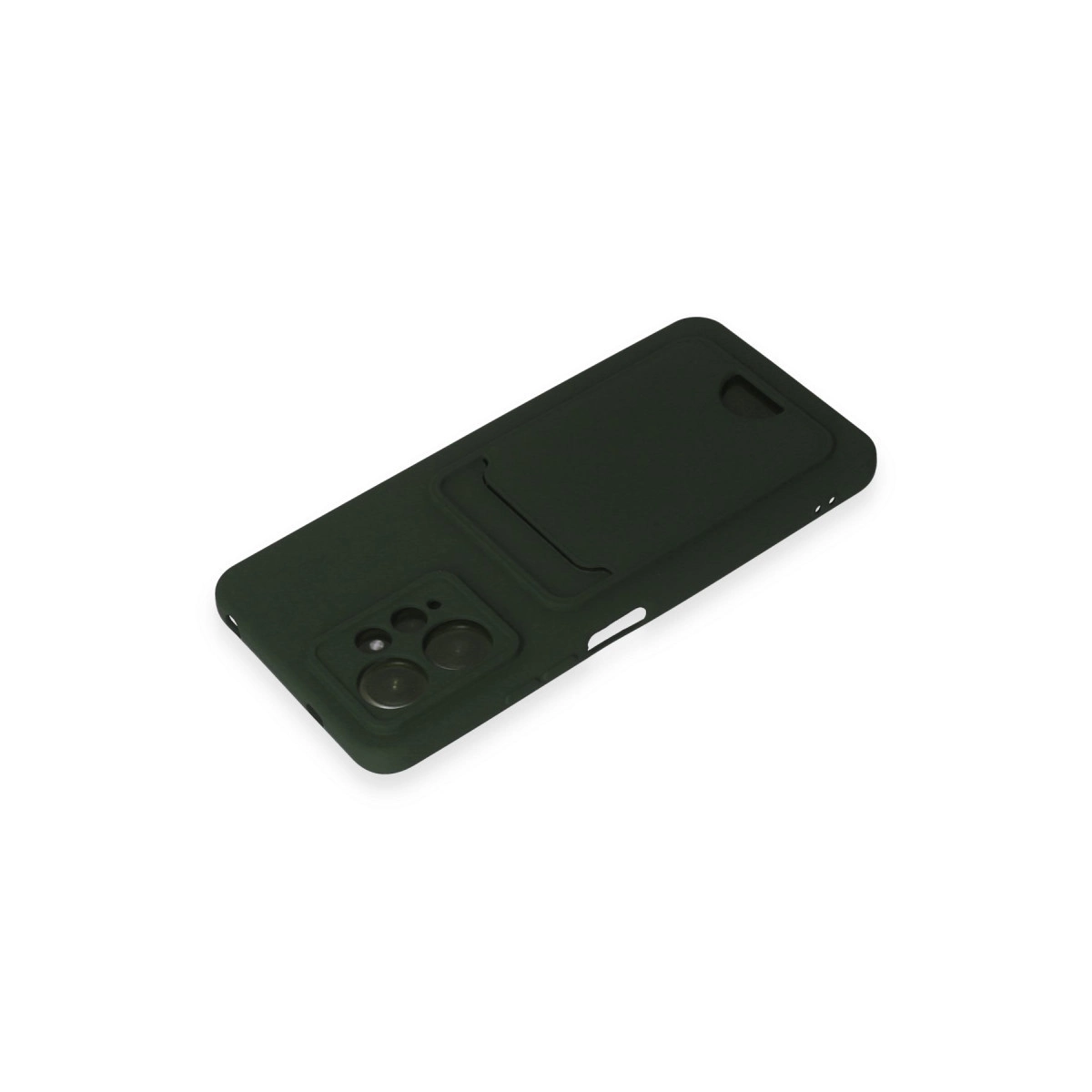 Kart yuvalı ve kamera kesimli koyu yeşil telefon kılıfı.