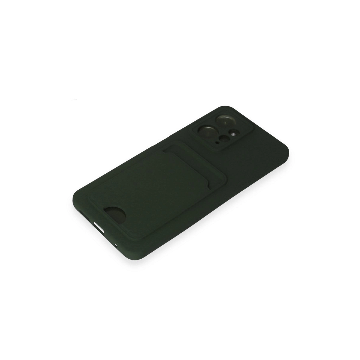 Kart bölmeli ve kamera modüllü koyu yeşil telefon kılıfı.