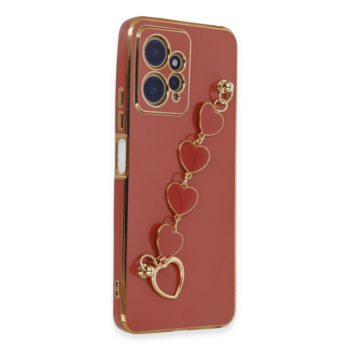 Altın kenarlı kırmızı telefon kılıfı ve kalp takı zinciri.