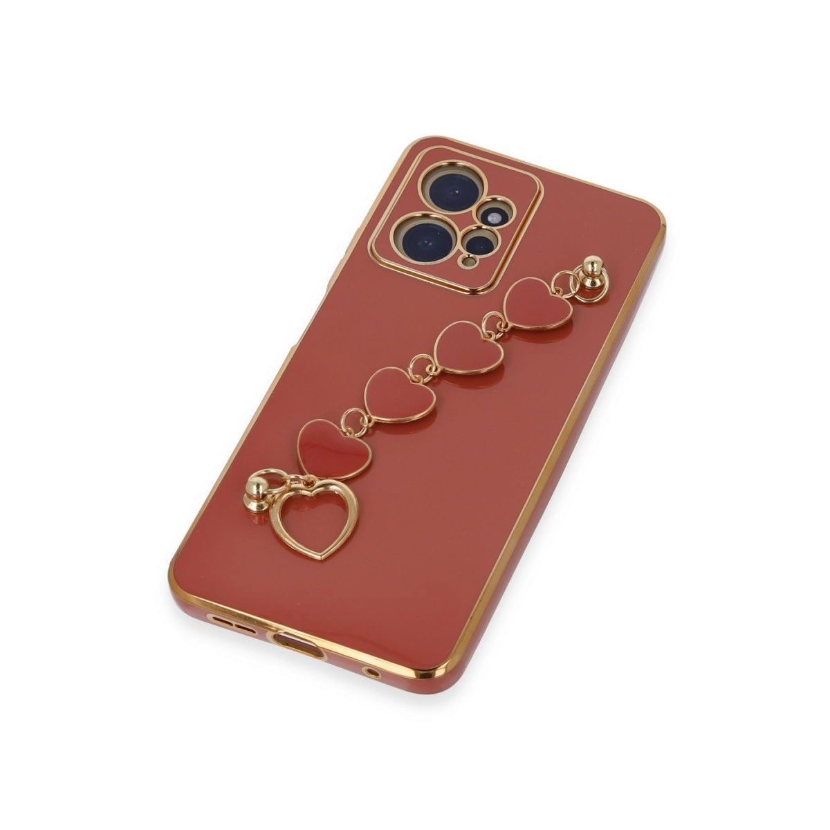 Altın süslemeli, kalp zincirli kırmızı telefon kılıfı.